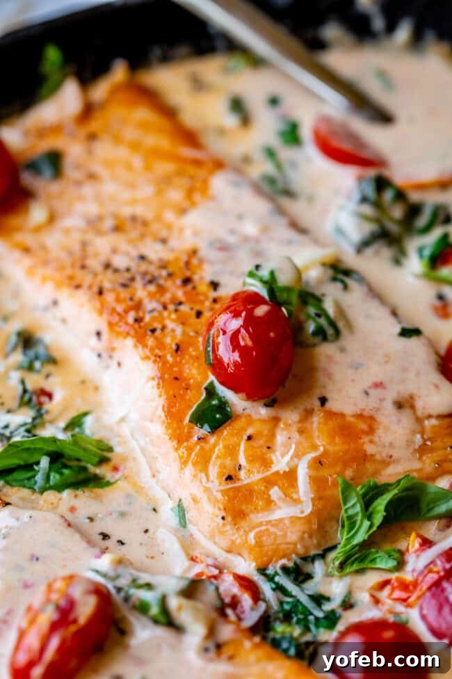 Creamy Tuscan Salmon (30 Minute Dinner!) from The Food Charlatan. This Creamy Tuscan Salmon recipe is totally restaurant quality, but super easy to make! Perfectly pan-seared salmon, drowning in a creamy parmesan sauce with garlic, cherry tomatoes, spinach, and fresh basil. It's the perfect summer meal and is done in 30 minutes! #easy #recipe #summer #garden #salmon #tuscan #creamy #cherrytomato #basil #spinach #parmesan #tomato #30minutedinner #oneskillet #garlic #butter #garlicbutter #pasta a close-up of creamy garlic butter Tuscan salmon, garnished with vibrant cherry tomatoes, fresh spinach, and fragrant basil leaves.
