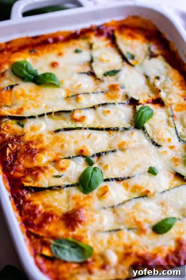 A beautifully baked keto-friendly zucchini lasagna sits in a white baking pan, garnished with fresh basil. This image highlights the golden-brown, bubbly cheese top and the rich, inviting layers of this low-carb dish, emphasizing its readiness to be served as a healthy and satisfying meal.