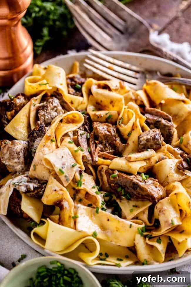 Homestyle Slow Cooker Beef Stroganoff 12 crock pot beef stroganoff served over pappardelle pasta with fresh chives in a bowl with a fork.
