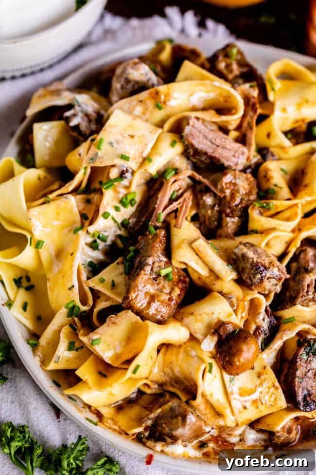 Homestyle Slow Cooker Beef Stroganoff 13 crock pot beef stroganoff served over pappardelle pasta with fresh chives in a bowl.