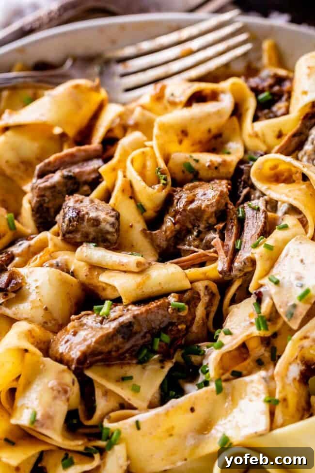 Homestyle Slow Cooker Beef Stroganoff 4 crock pot beef stroganoff with fresh chives served over pappardelle pasta with a fork.