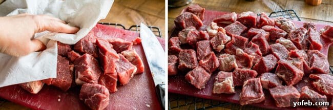 Homestyle Slow Cooker Beef Stroganoff 6 raw beef, chopped and ready to sear; adding salt and pepper to chopped beef.