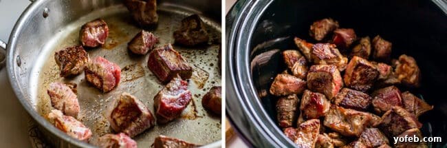 Homestyle Slow Cooker Beef Stroganoff 7 searing stew meat (beef) in a pan, seared beef in a crock pot.