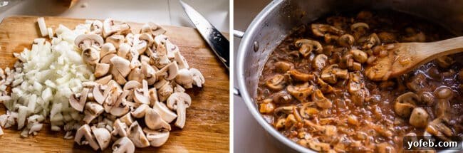 Homestyle Slow Cooker Beef Stroganoff 8 chopped onions and sliced mushrooms on a cutting board, then cooking in a sauce with a wooden spoon.
