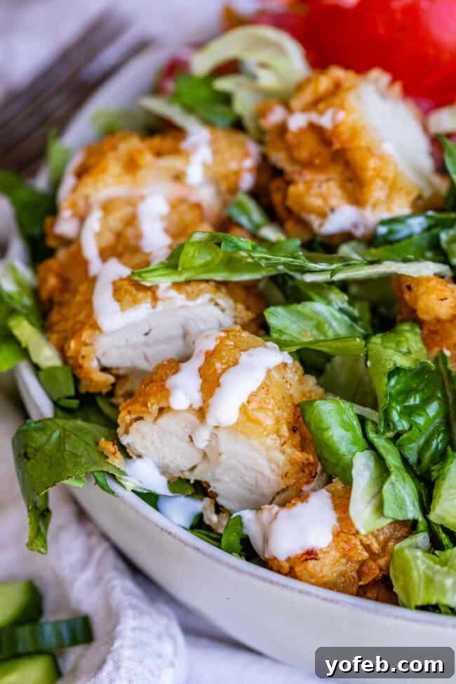 Ranch Drizzled Crispy Chicken Salad Close-up of crispy chicken salad with generous ranch drizzle