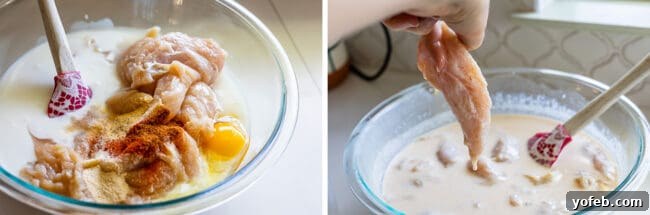 Marinating Chicken Buttermilk marinated chicken tenderloins in a bowl