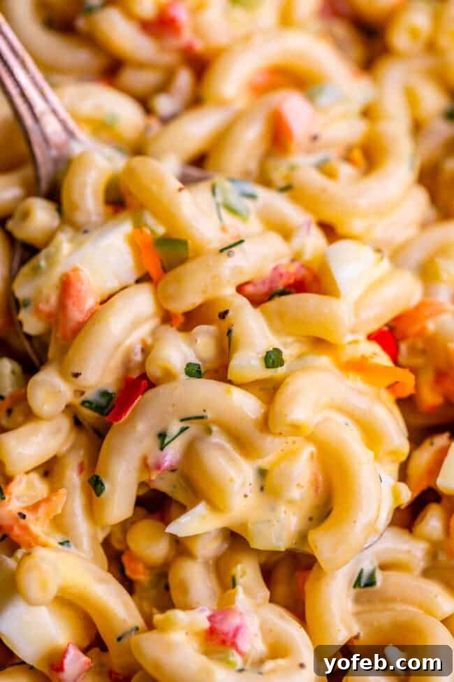 Classic Creamy Macaroni Salad 2 macaroni salad on a spoon, showcasing its creamy texture and visible ingredients.