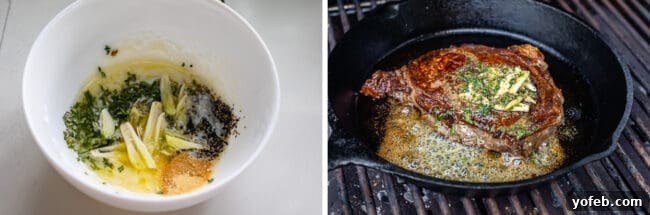 Preparing garlic butter in a bowl and cooking a ribeye steak on the grill, ready for basting.