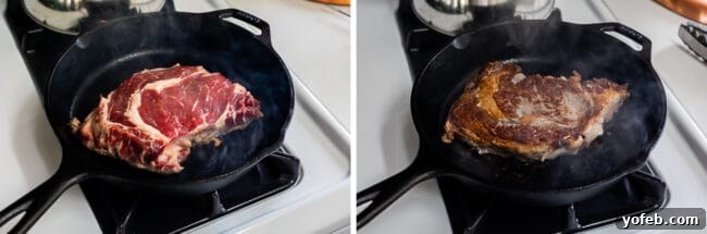 How to cook ribeye steak methodically in a cast iron skillet on a stovetop.