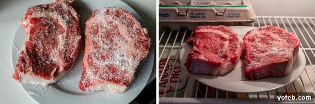 Salted ribeye steak resting on a plate in the refrigerator, uncovered for optimal drying.