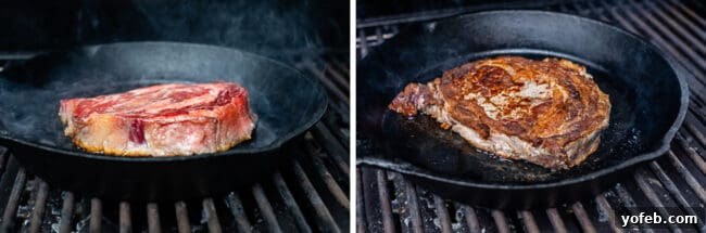 A boneless ribeye steak actively searing in a cast iron pan placed on an outdoor grill, showing perfect browning.
