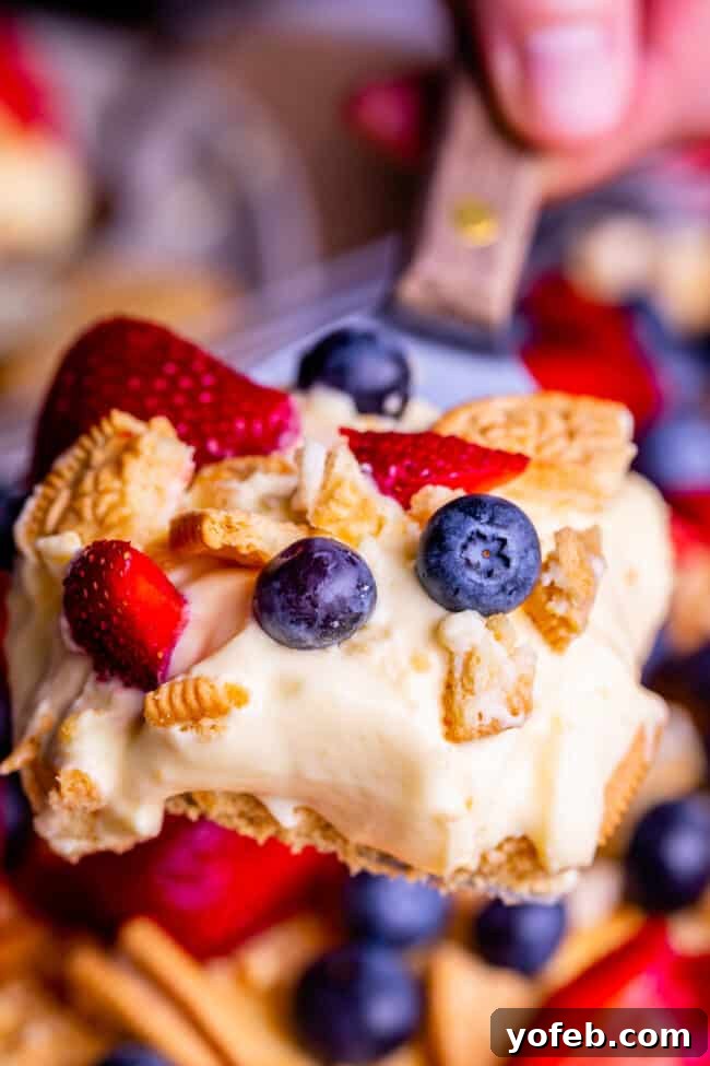 4th of July Layered Pudding Dessert with Golden Oreos from The Food Charlatan. It is a popular dessert for good reasons: it is super easy, it feeds a crowd, it's no bake, and it's so good! I made it with Golden Oreos layered with vanilla pudding, topped with strawberries and blueberries. Such an easy and festive dessert for 4th of July! #easy #recipe #pudding #lush #delight #layered #dessert #torte #strawberries #blueberries #yummy #dreamcake #dirtpudding, #oreo #coolwhip #4thofJuly #patriotic Red, White, and Blue Layered Pudding Dessert with Golden Oreos