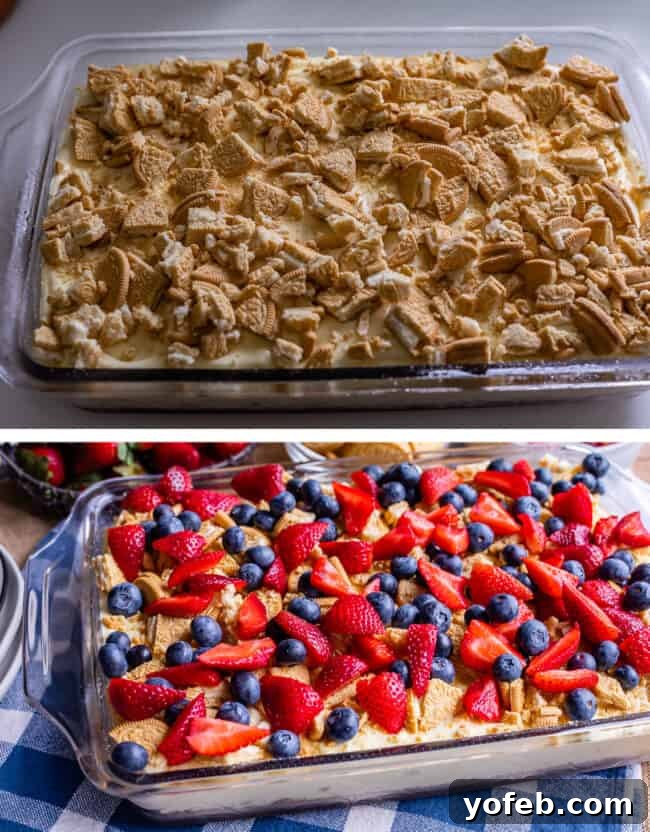 4th of July Layered Pudding Dessert with Golden Oreos from The Food Charlatan. It is a popular dessert for good reasons: it is super easy, it feeds a crowd, it's no bake, and it's so good! I made it with Golden Oreos layered with vanilla pudding, topped with strawberries and blueberries. Such an easy and festive dessert for 4th of July! #easy #recipe #pudding #lush #delight #layered #dessert #torte #strawberries #blueberries #yummy #dreamcake #dirtpudding, #oreo #coolwhip #4thofJuly #patriotic How to Make 4th of July Desserts No Bake