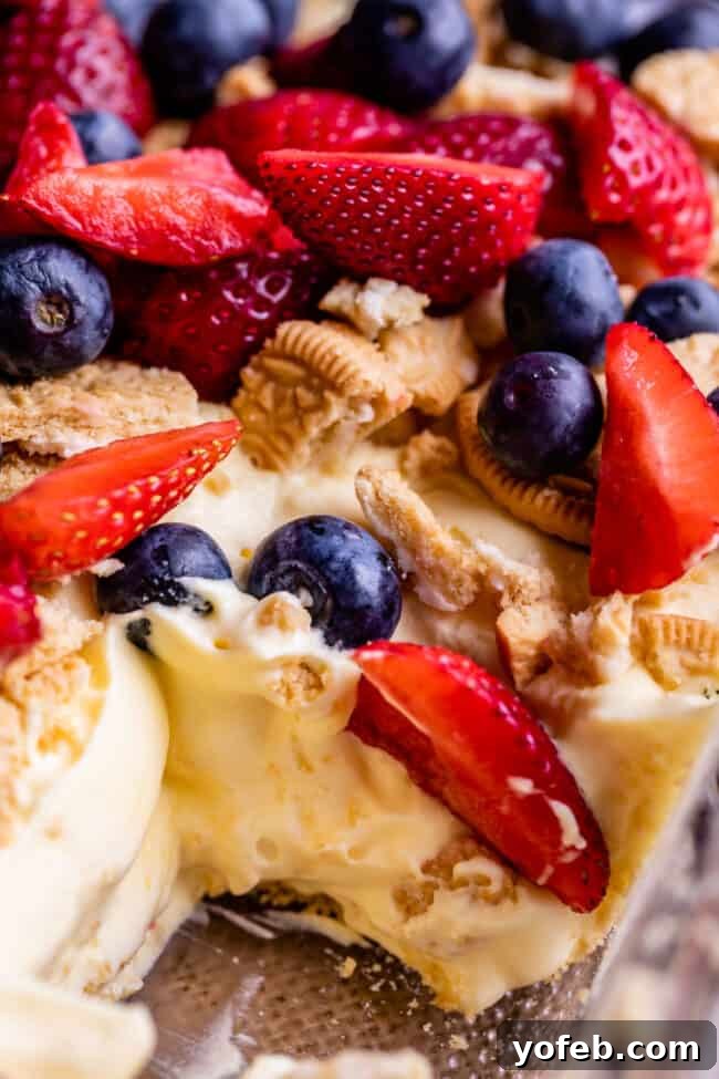 4th of July Layered Pudding Dessert with Golden Oreos from The Food Charlatan. It is a popular dessert for good reasons: it is super easy, it feeds a crowd, it's no bake, and it's so good! I made it with Golden Oreos layered with vanilla pudding, topped with strawberries and blueberries. Such an easy and festive dessert for 4th of July! #easy #recipe #pudding #lush #delight #layered #dessert #torte #strawberries #blueberries #yummy #dreamcake #dirtpudding, #oreo #coolwhip #4thofJuly #patriotic Vanilla Pudding Dessert in a Pan