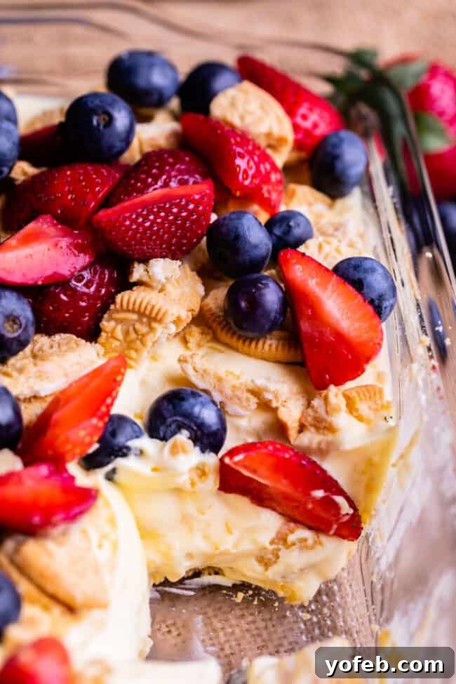 4th of July Layered Pudding Dessert with Golden Oreos from The Food Charlatan. It is a popular dessert for good reasons: it is super easy, it feeds a crowd, it's no bake, and it's so good! I made it with Golden Oreos layered with vanilla pudding, topped with strawberries and blueberries. Such an easy and festive dessert for 4th of July! #easy #recipe #pudding #lush #delight #layered #dessert #torte #strawberries #blueberries #yummy #dreamcake #dirtpudding, #oreo #coolwhip #4thofJuly #patriotic Golden Oreo Dessert with Strawberries and Blueberries in a Pan