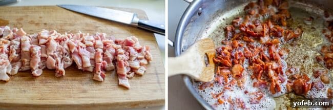 chopping and cooking bacon for pinquito beans.