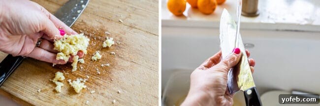 Garlic Aioli Recipe (Classic and Cheater Versions) from The Food Charlatan. I will show you just how easy it is to make homemade Garlic Aioli Sauce! Making it from scratch is quick and easy, but I have a cheater version that is even quicker and easier. Either way you make it, aioli is lemony garlicky heaven! It will be your new favorite condiment in no time. #recipe #easy #garlic #lemon #aioli #sauce #mayonnaise #roasted #garlicmayo #fromscratch #homemade #creamy Two images side-by-side: left shows garlic being crushed with a knife to make a paste; right shows fingers rubbing a chef's knife under running water to eliminate garlic scent.