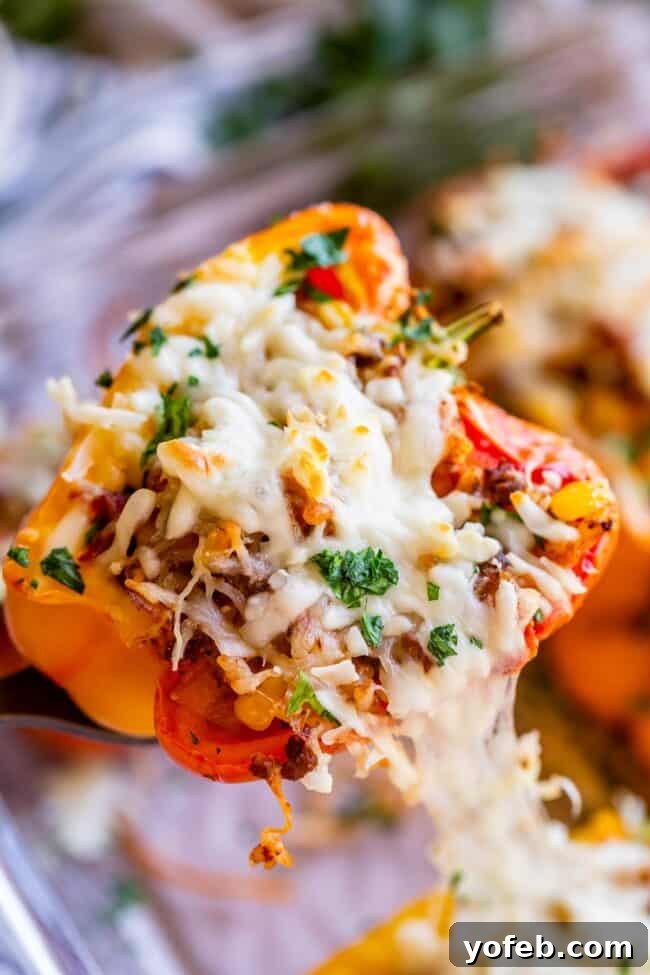 Irresistible Stuffed Bell Peppers 6 A vibrant stuffed bell pepper with rich filling and golden melted cheese on top, showcasing the deliciousness of the recipe.
