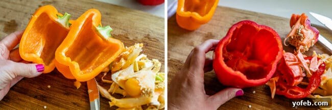 Irresistible Stuffed Bell Peppers 7 Fresh bell peppers sliced in half on a cutting board, ready for stuffing.
