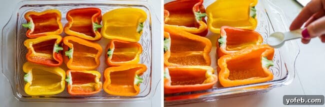 Irresistible Stuffed Bell Peppers 8 Halved bell peppers arranged in a baking dish, lightly seasoned with salt, ready for pre-cooking.