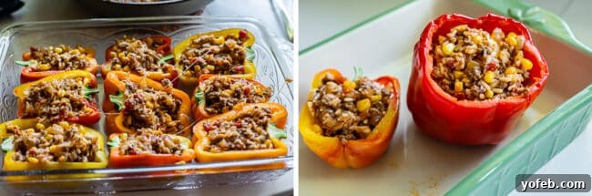 Irresistible Stuffed Bell Peppers 10 Raw bell peppers filled with savory ground beef and rice mixture in a baking dish, ready for the oven.