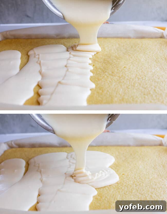 Pouring Warm Glaze on White Texas Sheet Cake Warm vanilla glaze being poured over a freshly baked white Texas sheet cake