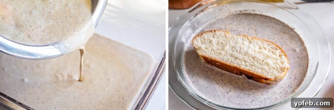Golden Glazed French Toast 10 Pouring egg mixture into a pie dish and soaking challah bread slices.