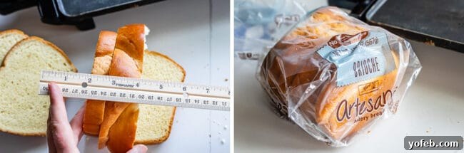 Golden Glazed French Toast 6 Comparison of thick and thin bread slices, with a loaf of brioche bread shown.