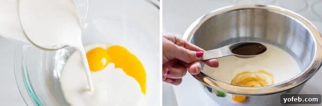 Golden Glazed French Toast 8 Pouring heavy cream into a bowl of egg yolks, then adding vanilla extract.