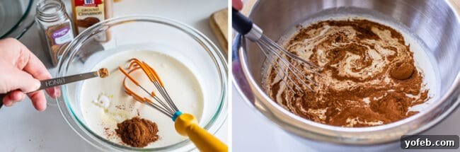 Golden Glazed French Toast 9 Whisking cinnamon and nutmeg into the egg yolk and cream mixture for French toast.