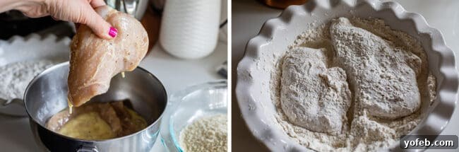 Heavenly Chicken Parmesan 11 dipping chicken cutlets in egg mixture and coating in flour for chicken parmesan.