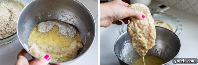 Heavenly Chicken Parmesan 12 recoating floured chicken in egg mixture. egg dripping off of chicken.