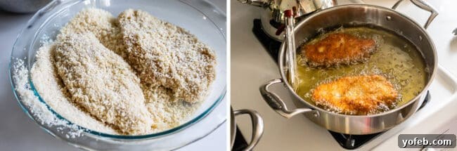 Heavenly Chicken Parmesan 13 coating chicken cutlets in panko breadcrumbs; frying breaded chicken in oil.