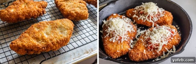 Heavenly Chicken Parmesan 14 crispy chicken on a wire rack; chicken parmesan ready to go in the oven.