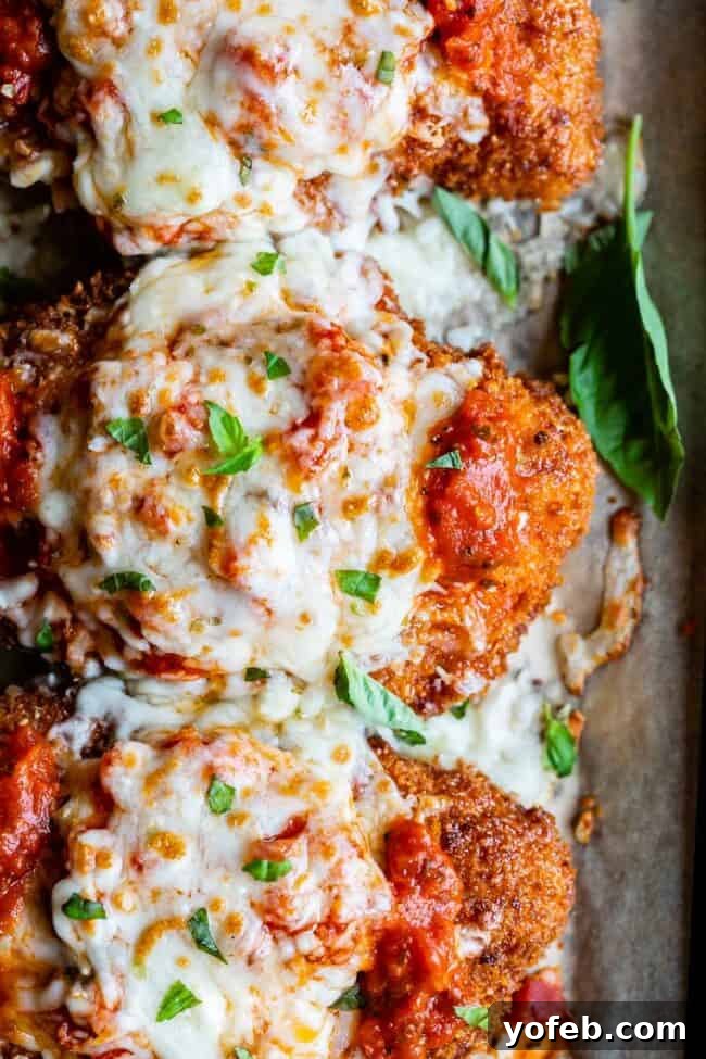 Heavenly Chicken Parmesan 8 best chicken parmesan recipe on a pan shot from overhead.