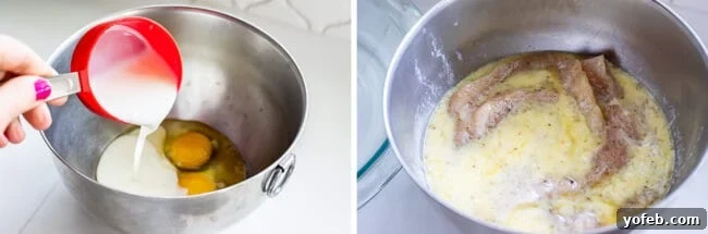 Heavenly Chicken Parmesan 9 combining buttermilk and eggs for marinating chicken; chicken marinating in a bowl.
