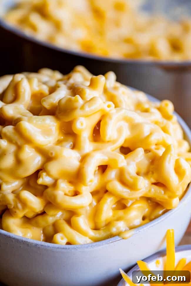 Creamy Homemade Velveeta Mac and Cheese 11 A side-view shot of a bowl piled high with an abundant, luscious serving of creamy mac and cheese, highlighting its satisfying volume and texture.