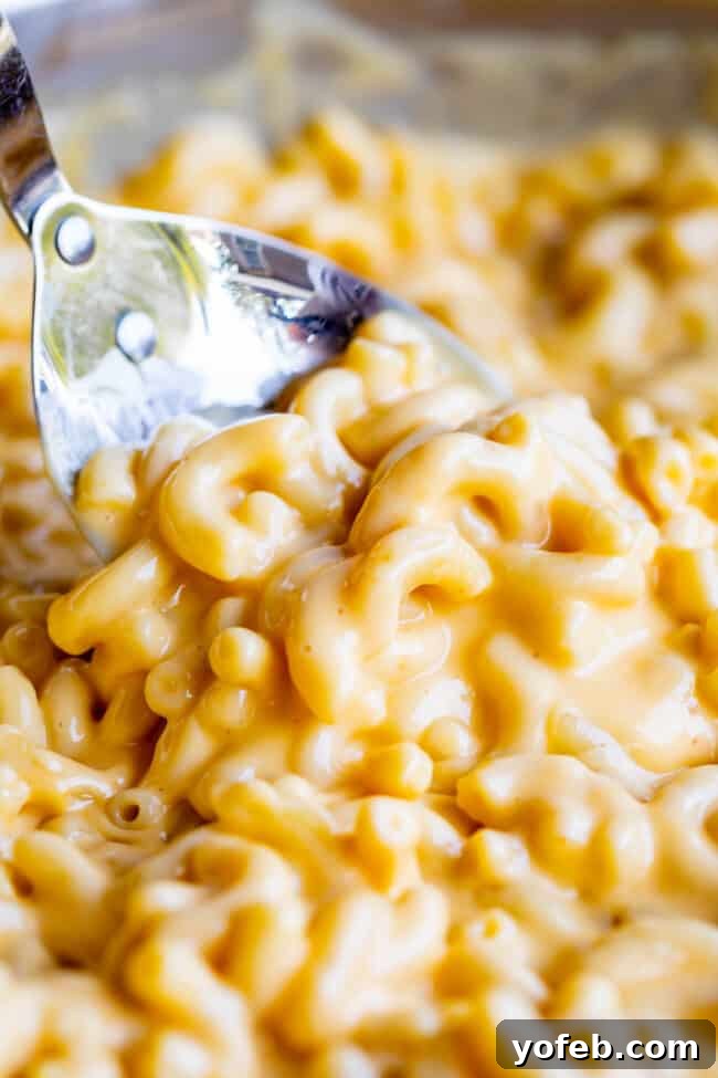 Creamy Homemade Velveeta Mac and Cheese 13 A large serving spoon lifts a generous, glistening scoop of creamy mac and cheese, ready to be enjoyed, against a rustic background.