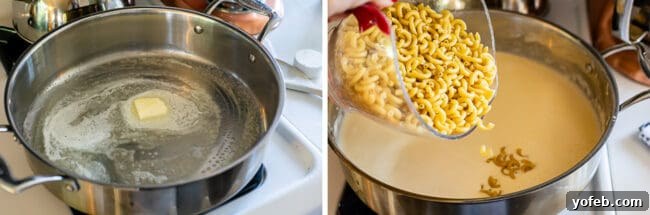Creamy Homemade Velveeta Mac and Cheese 8 A two-part image: first, butter melting in a skillet; second, dry elbow macaroni being added directly into a creamy, simmering cheese sauce, emphasizing the one-pot cooking method.