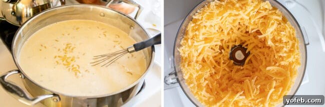 Creamy Homemade Velveeta Mac and Cheese 9 A two-part image: first, a simmering, rich cheese sauce in a pan; second, a food processor filled with freshly shredded sharp cheddar cheese, ready to be added to the sauce.