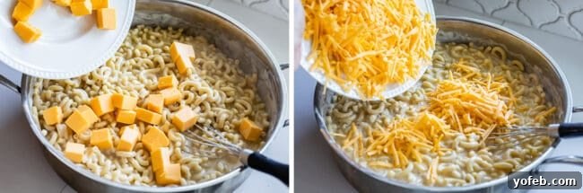 Creamy Homemade Velveeta Mac and Cheese 10 A two-part image: first, chunks of Velveeta cheese being added to a pan of cooked elbow macaroni; second, freshly shredded cheddar cheese being added to the same pot, illustrating the cheese blending process.