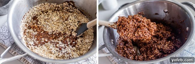 Easy No-Bake Peanut Butter Oatmeal Cookies 13 stirring oats into chocolate peanut butter batter