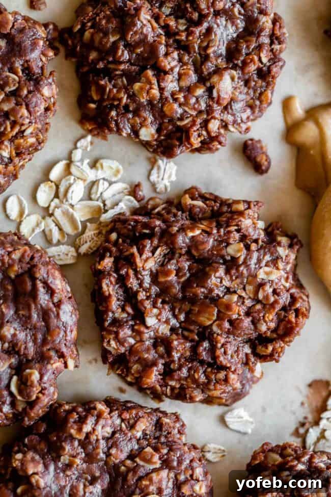 Easy No-Bake Peanut Butter Oatmeal Cookies 3 peanut butter no bake cookies shot from overhead with oats