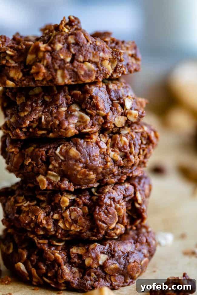 Easy No-Bake Peanut Butter Oatmeal Cookies 5 stack of no bake cookies