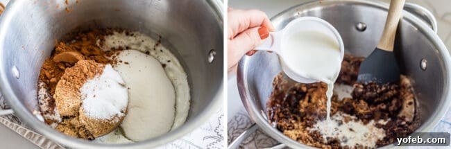 Easy No-Bake Peanut Butter Oatmeal Cookies 10 butter, brown sugar, sugar, and cocoa in a pot