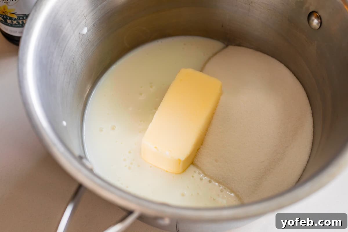 Velvet Smooth Buttermilk Syrup 7 buttermilk, butter, and sugar in a metal pot.