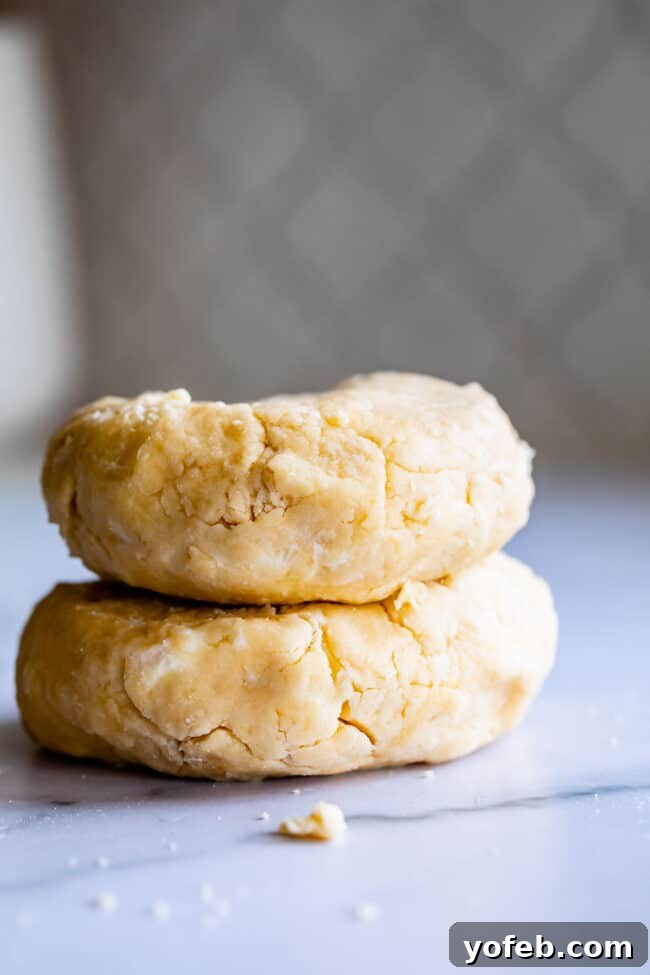 Two rounds of perfectly stacked flaky pie crust, ready for baking, showcasing their delicate texture.