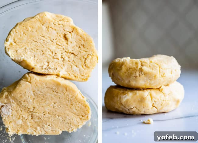 Two pie dough discs, stacked and cut down the center, revealing beautiful specks of butter and shortening throughout the dough, indicative of perfect flakiness.