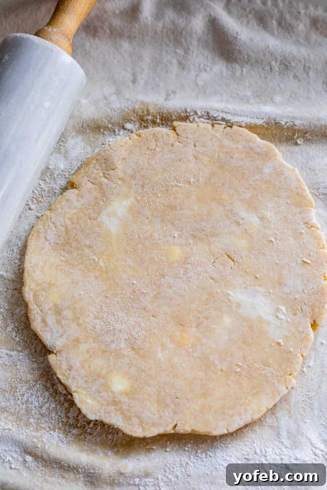 A beautifully rolled out flaky pie crust, with visible specks of butter, indicating its readiness for the pie pan.