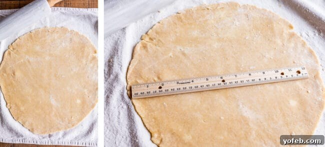 A ruler measures a pie crust, indicating it's rolled out to 13 inches round, the ideal size for a standard pie pan.